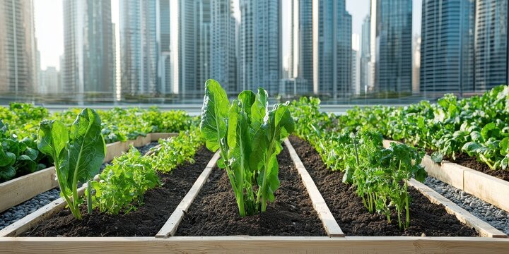 A rooftop garden featuring vibrant green plants with towering skyscrapers in the background, showcasing urban agriculture in a modern cityscape. - Powered by Adobe