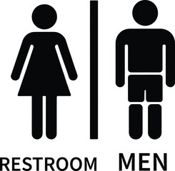 Clean black and white pictogram icons representing male and female restrooms, with text labels for gendered facilities.