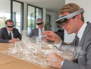 Business professionals use augmented reality headsets to design a futuristic city model, symbolizing innovation, technology, and visionary collaboration