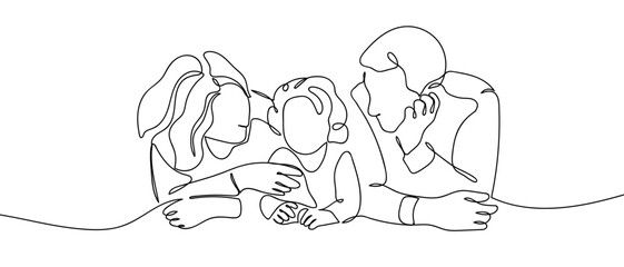 A happy family of three, one continuous line Minimalist simple linear style. Vector outline illustration Editable stroke.