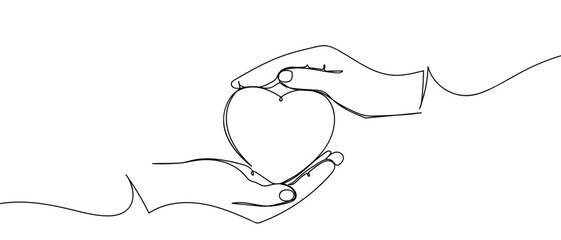 Hand holding a heart, one continuous line Minimalist simple linear style. Vector outline illustration Editable stroke.