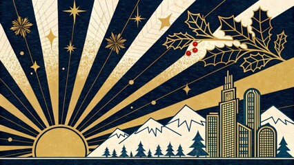 Winter city skyline with mountains and sunburst pattern during festive season