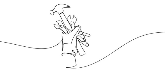 Hand holding a tool, one continuous line Minimalist simple linear style. Vector outline illustration Editable stroke.