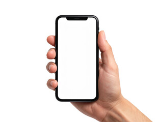 Close-Up of Hand Holding Black Smartphone, Blank White Screen, Front View, Isolated on Transparent Background