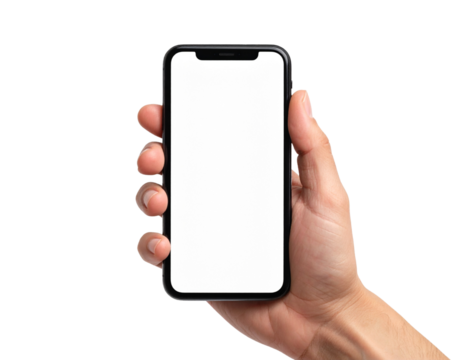 Close-Up of Hand Holding Black Smartphone, Blank White Screen, Front View, Isolated on Transparent Background