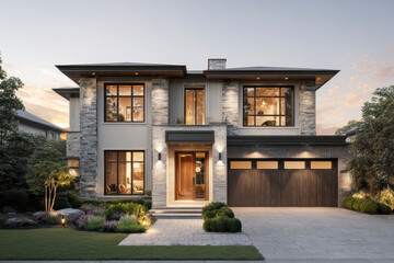 Fototapeta premium Modern two-story house with stone accents and a wooden garage and front door.
