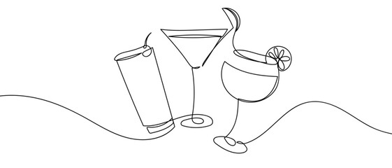 Obraz premium One continuous line of cocktail and juice set Minimalist simple linear style. Vector outline illustration Editable stroke.