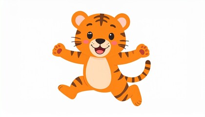 Obraz premium Cute cartoon tiger jumping isolated on white background. Vector illustration.