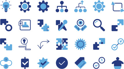 Collection of blue and teal icons representing business concepts like strategy innovation teamwork problem solving and data analysis with a clean modern design aesthetic