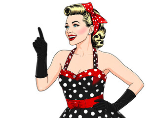 Excited Pin-Up Woman Gesturing Upwards, Dynamic Pose, Isolated on Transparent Background