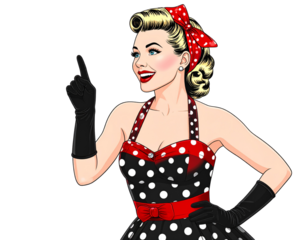 Excited Pin-Up Woman Gesturing Upwards, Dynamic Pose, Isolated on Transparent Background