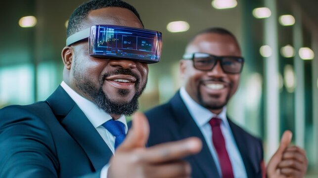Business professionals wearing futuristic virtual reality goggles in a modern office