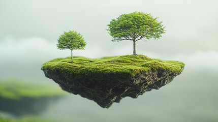 Floating islands hover over a field, tiny trees rooted in moss green soil, clouds below fading to white, symbolizing fantasy, serenity, and surreal natural beauty.
