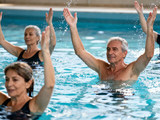 A group of people are in a pool, some of them are wearing swimsuits