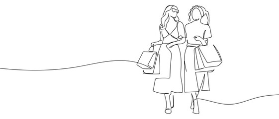 Women walking shopping, one continuous line Minimalist simple linear style. Vector outline illustration Editable stroke.