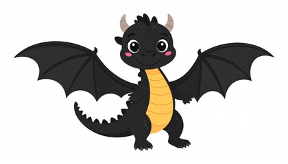 Obraz premium Cute cartoon black dragon. Fairy cute dragonfly. Baby fire dragon or dinosaur cute 