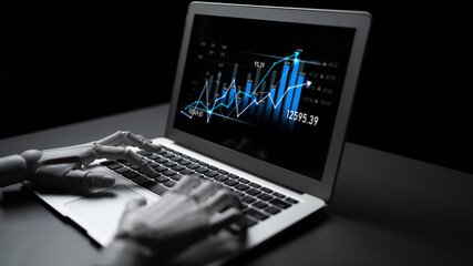 A creative representation of technology, featuring robot hands typing on a laptop with financial graphs and data, symbolizing innovation in economics and analytics. Scalp