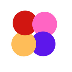 Four overlapping colorful circles in red pink orange and purple isolated on transparent background