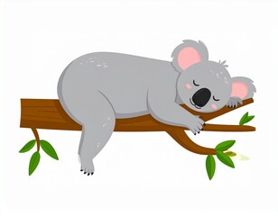 Fototapeta premium Cute cartoon koala sleeping on a tree branch isolated on white background. Koala