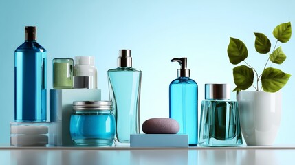 Blue Glass Bottles and Skincare Jars on White Surface