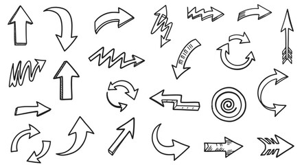 Fototapeta premium A collection of hand-drawn arrows in various styles and directions, sketched on a white background.