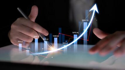 A professional analyzing financial trends on a digital tablet while showcasing growth through data...