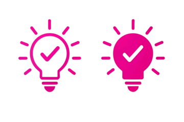 Two glowing pink light bulb icons with checkmarks inside representing ideas and solutions isolated on transparent background