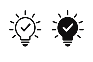 Two stylized light bulb icons with checkmarks inside representing successful ideas or solutions isolated on transparent background