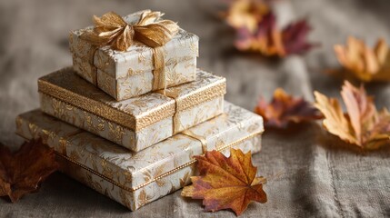 Stacked gift boxes and autumn leaves on a rustic surface