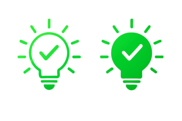 Two glowing green light bulb icons with checkmarks inside symbolizing a good idea or solution isolated on transparent background