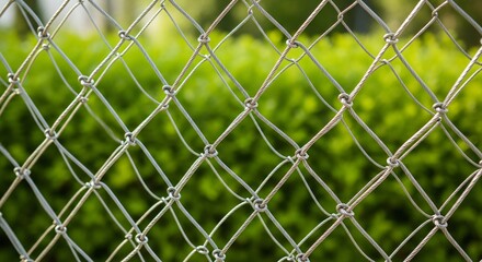 Fototapeta premium Cable Mesh Outdoor Detail Showing Craftsmanship, Geometry, and Industrial Artistry Against Vibrant Green Background