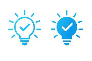 Two glowing blue light bulb icons with checkmarks inside representing successful ideas or solutions isolated on transparent background