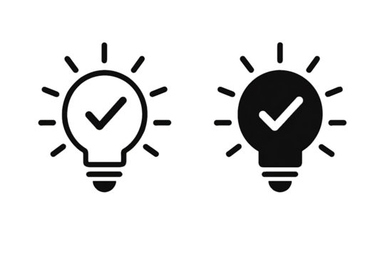 Two stylized light bulb icons with checkmarks inside representing successful ideas or solutions isolated on transparent background