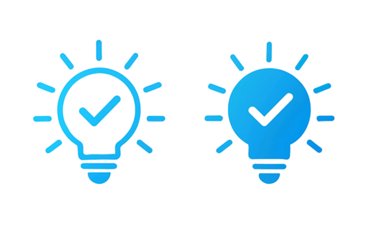 Two glowing blue light bulb icons with checkmarks inside representing successful ideas or solutions isolated on transparent background