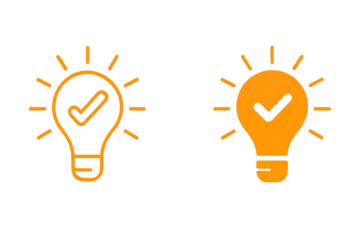 Two bright orange light bulb icons with checkmarks inside symbolizing a good idea or solution isolated on transparent background