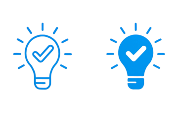 Two blue light bulb icons with checkmarks inside representing a good idea or successful concept isolated on transparent background