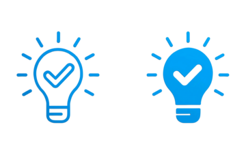 Two blue light bulb icons with checkmarks inside representing a good idea or successful concept isolated on transparent background