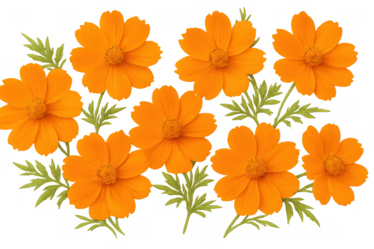 Orange cosmos flowers with green leaves forming a vibrant floral illustration on transparent background