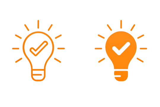 Two glowing orange light bulbs with checkmarks inside symbolizing successful ideas and innovation isolated on transparent background