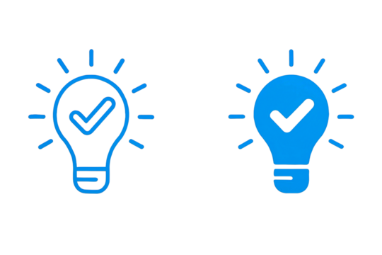 Two blue light bulb icons with checkmarks inside representing a good idea or successful concept isolated on transparent background