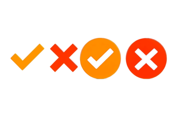Set of orange and red checkmarks and crosses in different styles isolated on transparent background