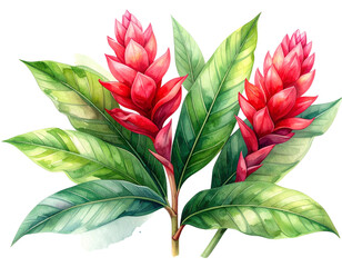 Hand-Painted Watercolor Tropical Ginger Plant, Red Flower and Green Foliage, Isolated on Transparent Background