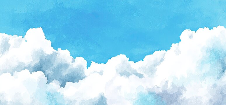 Watercolor painting of a vibrant blue sky filled with fluffy white clouds. Peaceful, dreamy aesthetic