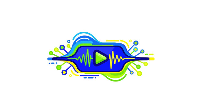 Graphic illustration of a play button icon with colorful sound waves and splashes on a white background.