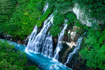 Obraz premium Shirahige Waterfall with deep cobalt blue hue Biei river flow beneath, Biei, Kamikawa Subprefecture, Hokkaido, Japan