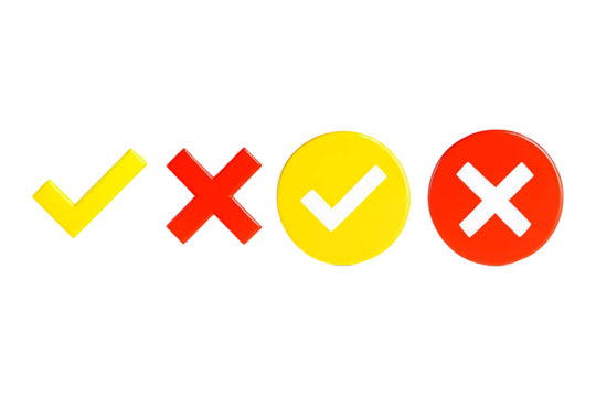 Set of four colorful checkmarks and crosses in yellow red and white isolated on transparent background