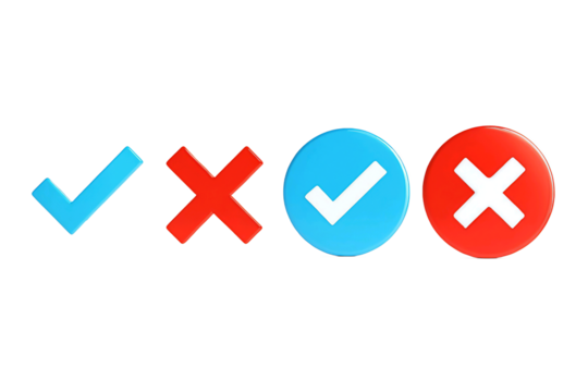 Set of four icons representing checkmarks and crosses in blue and red isolated on transparent background