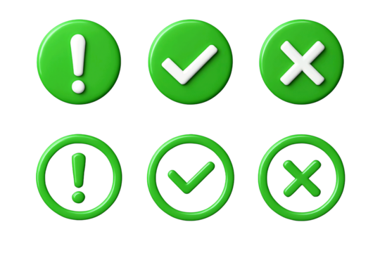 Set of green checkmark cross and exclamation mark icons isolated on transparent background