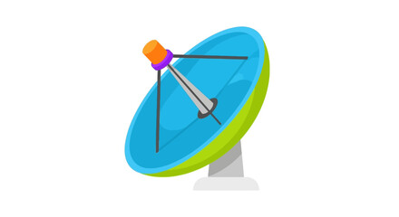 Illustration of a blue and green satellite dish with a white base and orange top on a plain white background.