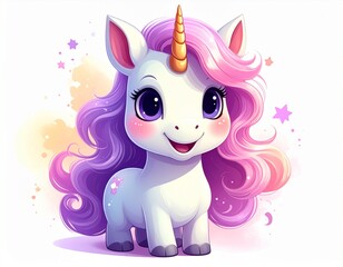 Cute cartoon character happy magic unicorn on white